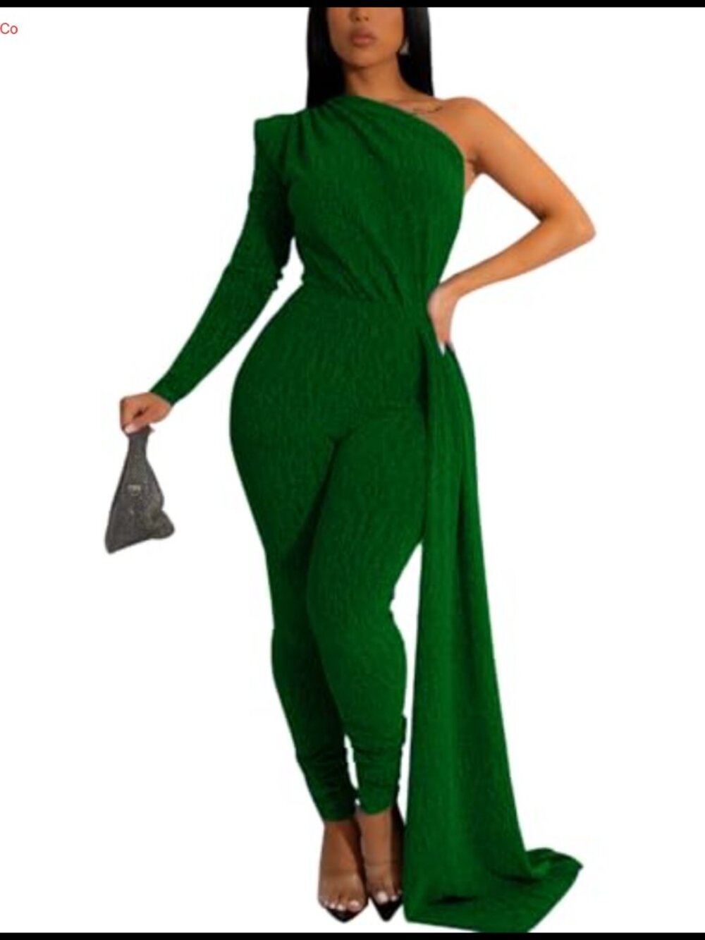Sparkly One Shoulder Long Sleeve Bodycon Jumpsuit with Belt Party Clubwear